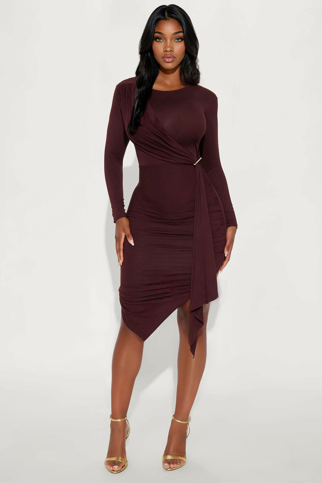 Kiara Draped Midi Dress - Chocolate