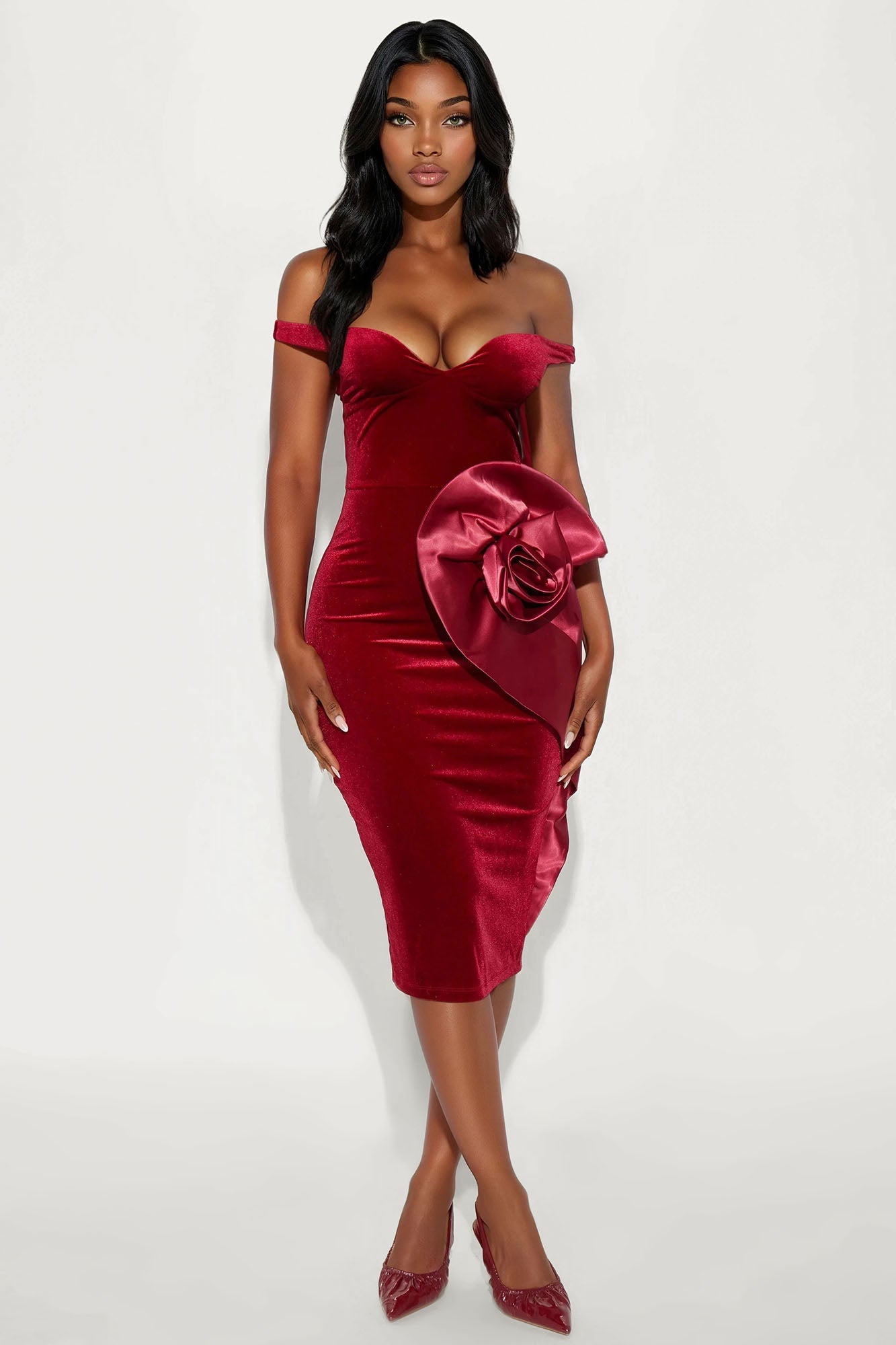 Rosa Off Shoulder Velvet Midi Dress - Red