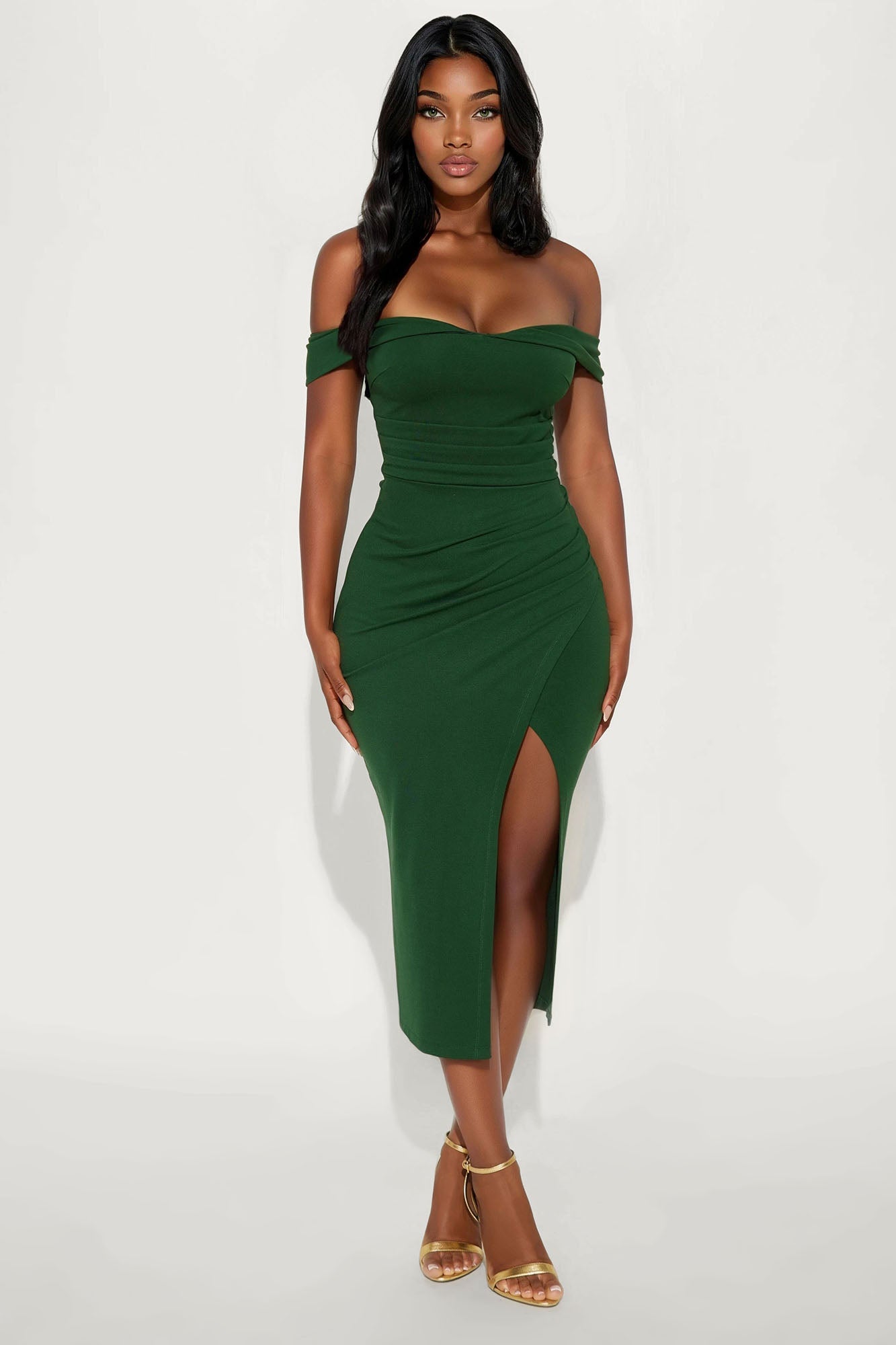 Samantha Off Shoulder Body Sculpting Ponte Midi Dress - Hunter