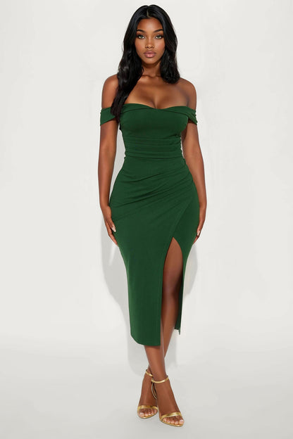 Samantha Off Shoulder Body Sculpting Ponte Midi Dress - Hunter