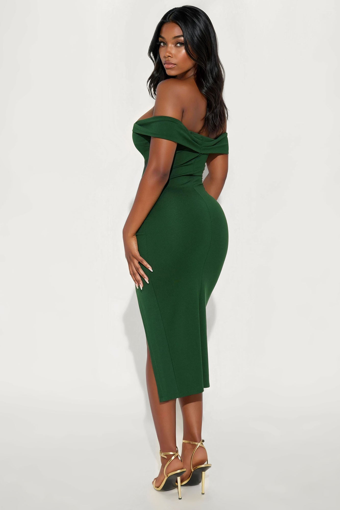 Samantha Off Shoulder Body Sculpting Ponte Midi Dress - Hunter