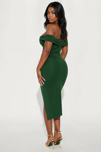Samantha Off Shoulder Body Sculpting Ponte Midi Dress - Hunter