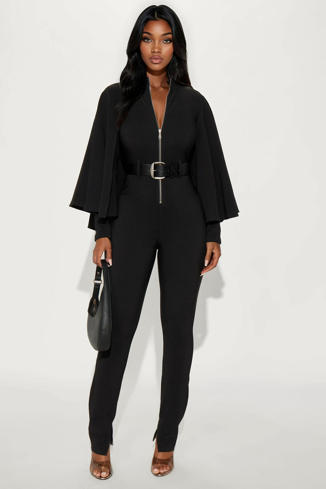 High Roller Cape Sleeve Belted Wide Leg Jumpsuit - Black