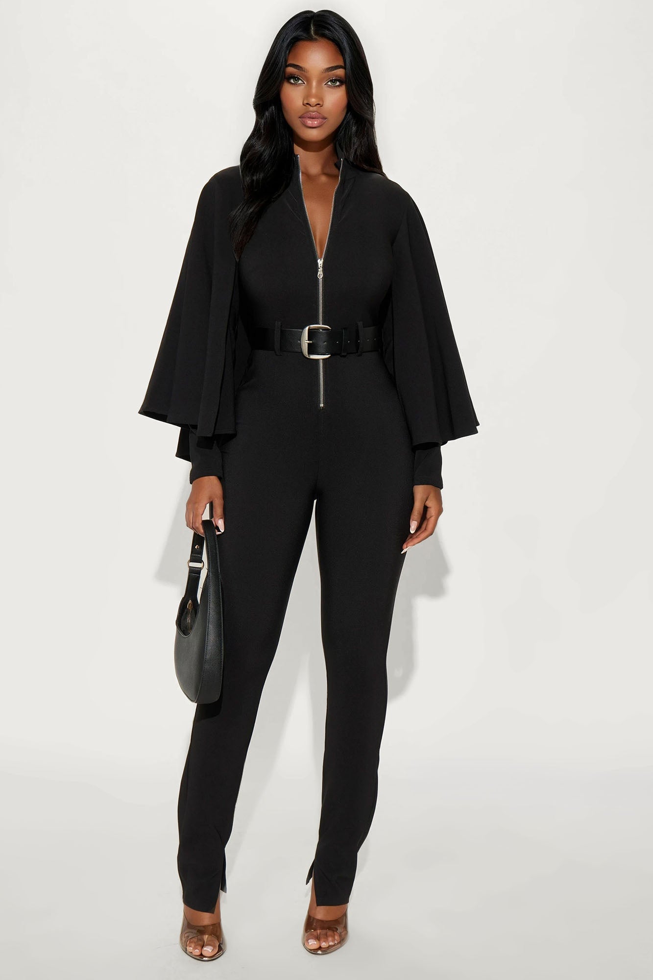 High Roller Cape Sleeve Belted Wide Leg Jumpsuit - Black