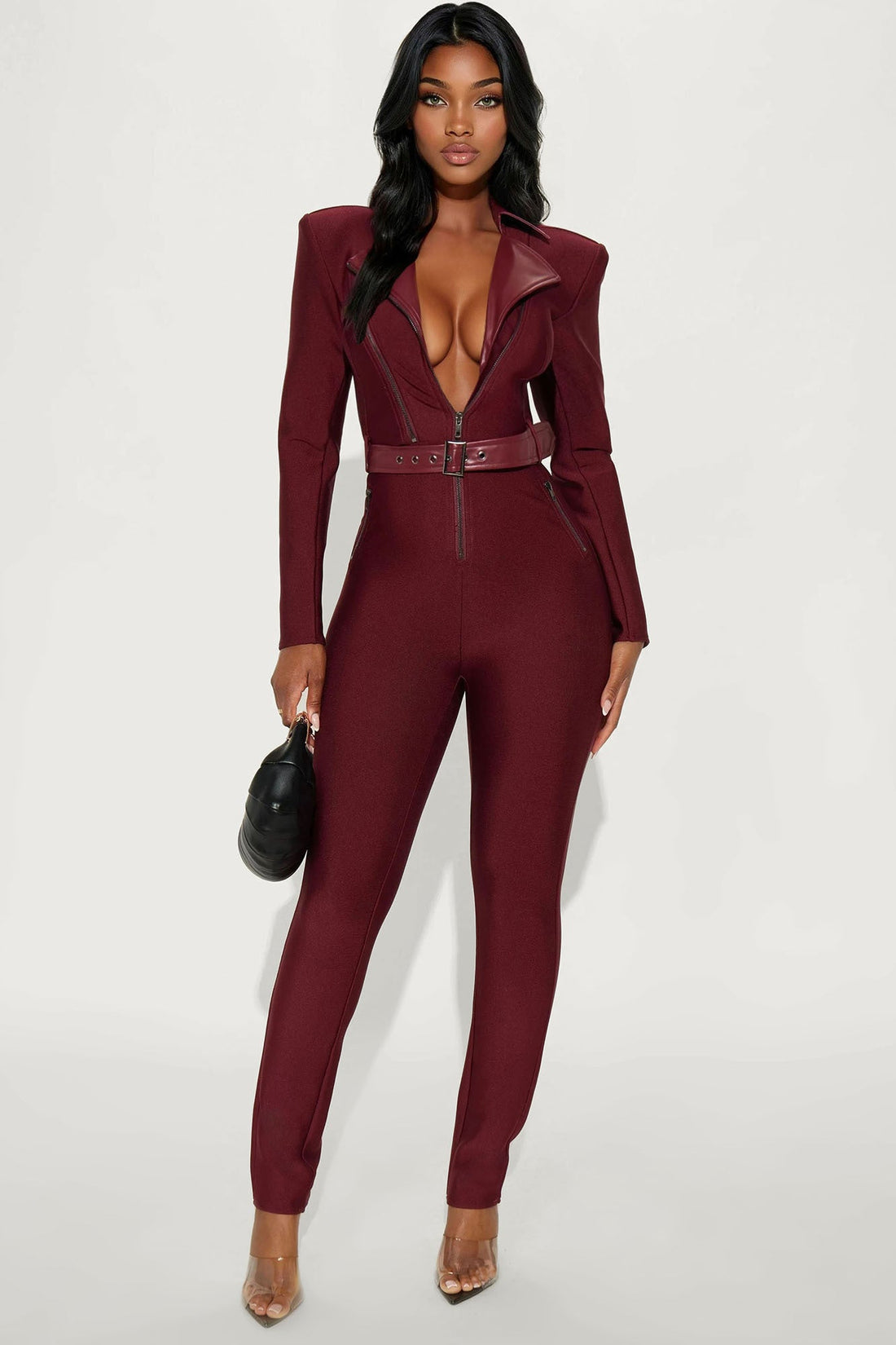 Irina Bold Bandage Moto Jumpsuit - Burgundy