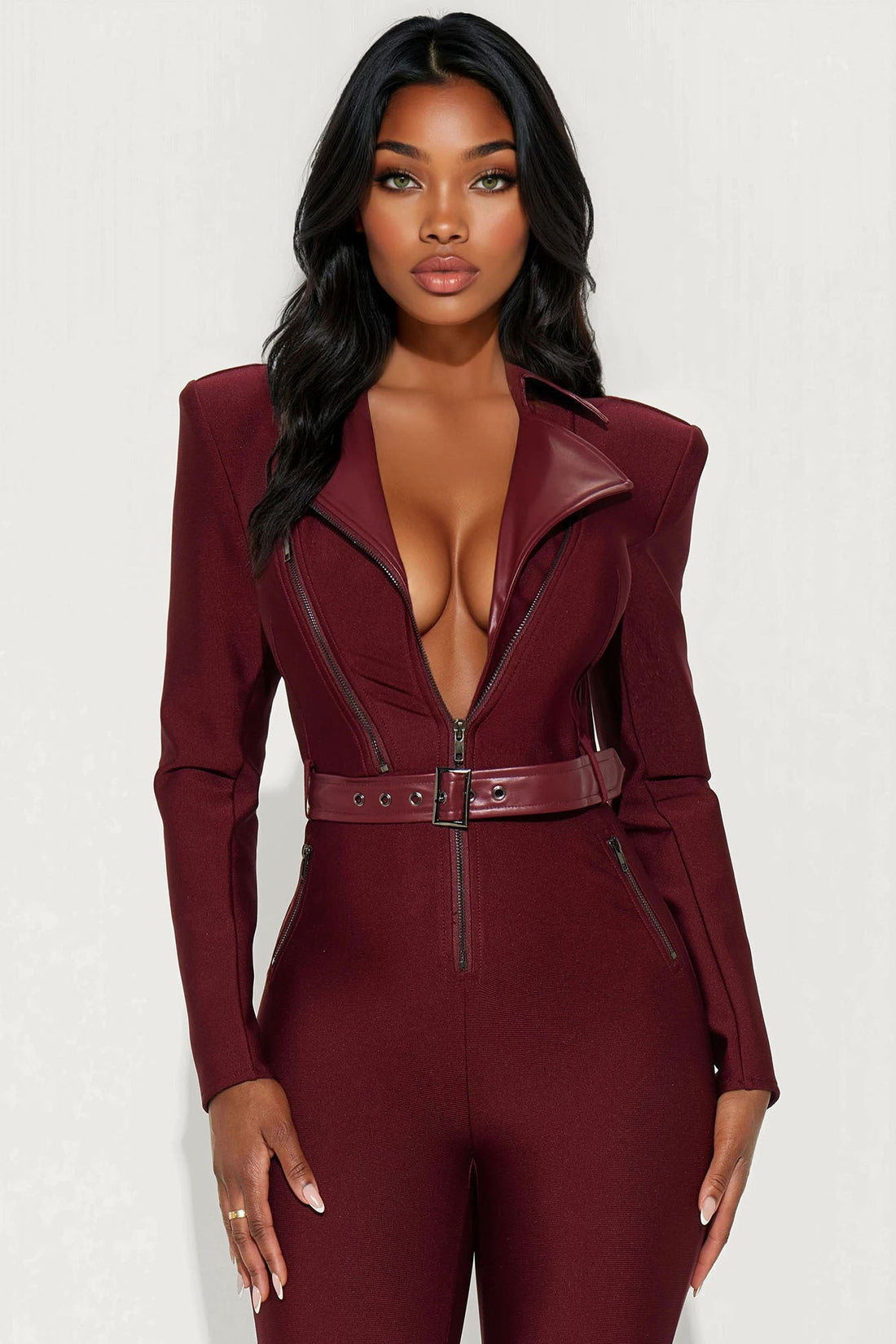 Irina Bold Bandage Moto Jumpsuit - Burgundy