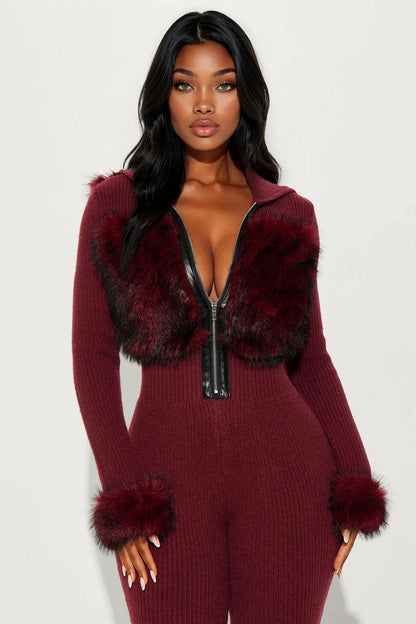 Soft Spoken Faux Fur Sweater Jumpsuit - Wine