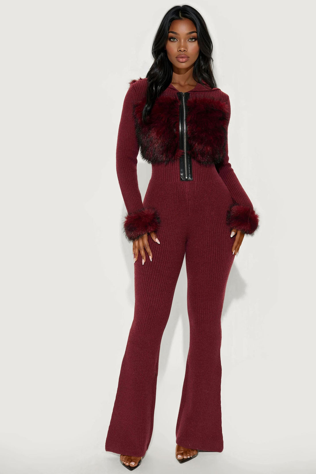 Soft Spoken Faux Fur Sweater Jumpsuit - Wine