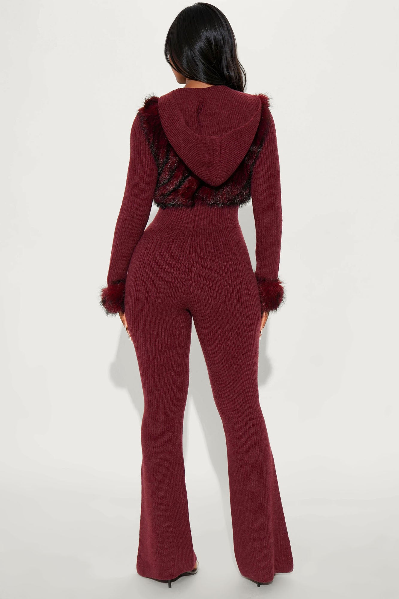 Soft Spoken Faux Fur Sweater Jumpsuit - Wine
