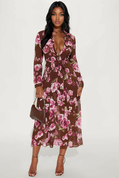 Amandla Floral Midi Shirt Dress - Brown/combo