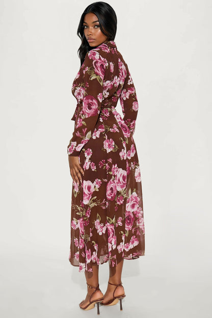 Amandla Floral Midi Shirt Dress - Brown/combo