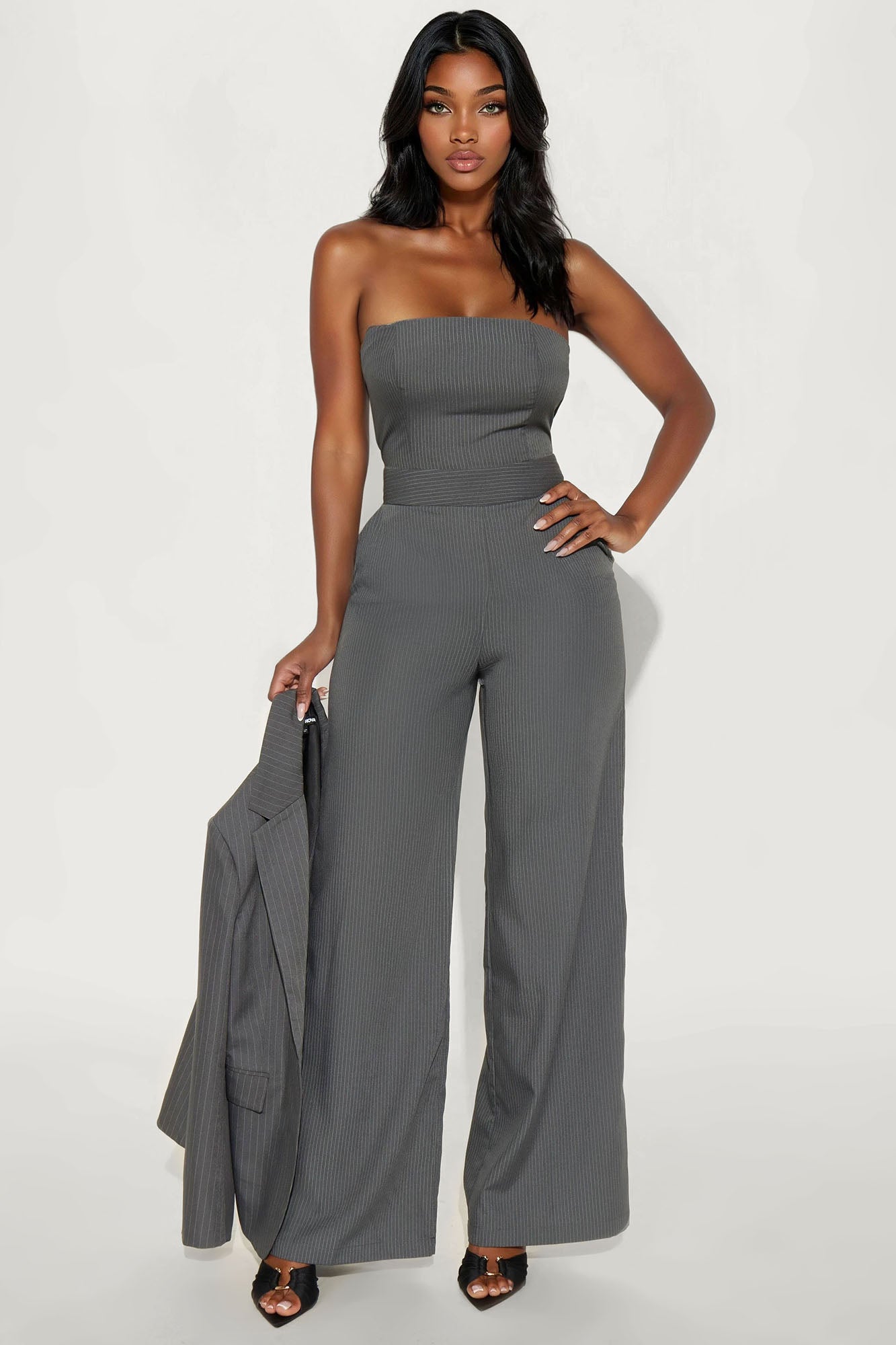 Elegant Vibes Pinstripe 2 Piece Jumpsuit - Grey