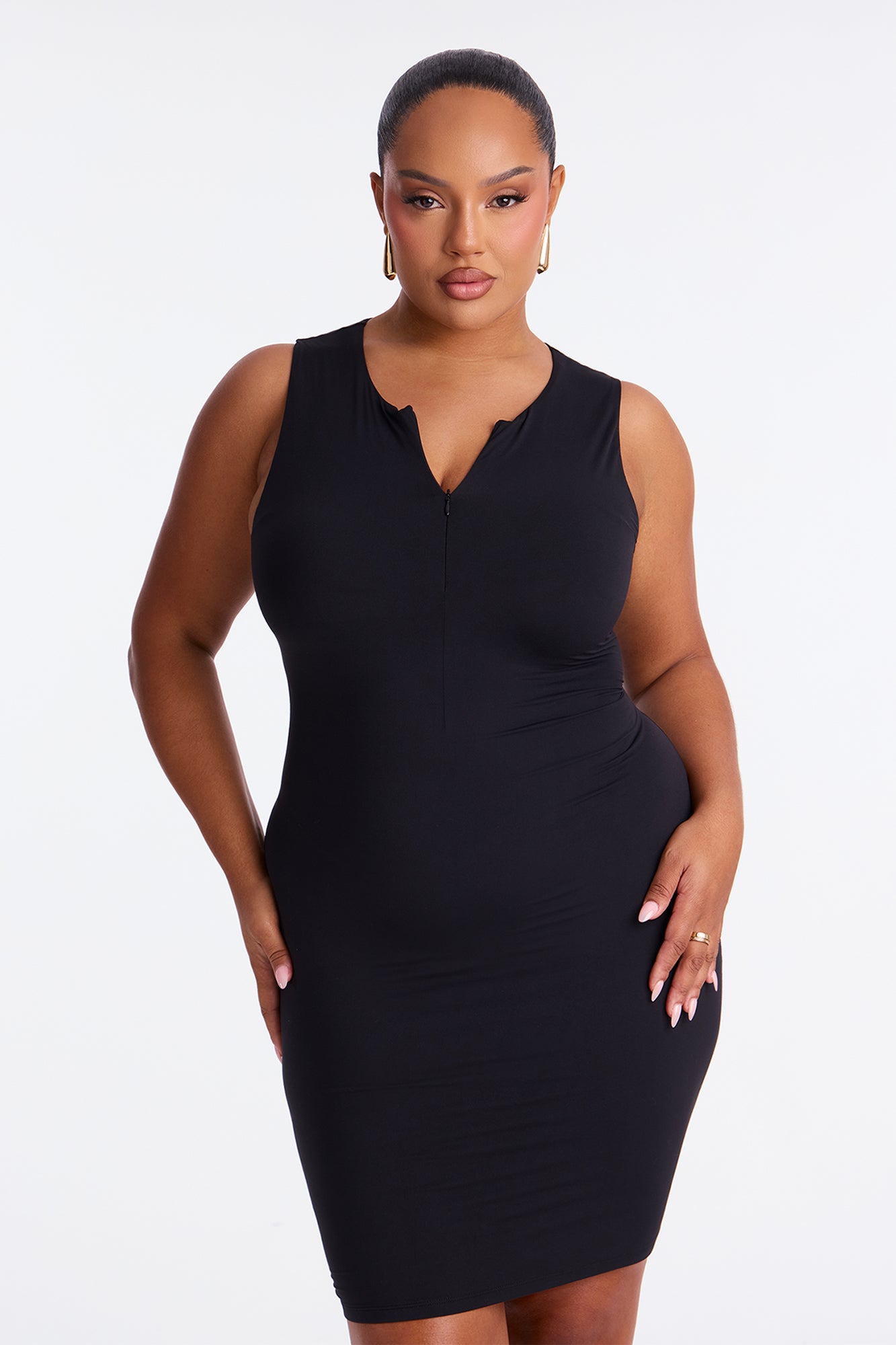 Second Skin Double Lined Zip Front Tank Midi Dress - Black