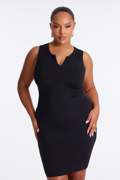Second Skin Double Lined Zip Front Tank Midi Dress - Black