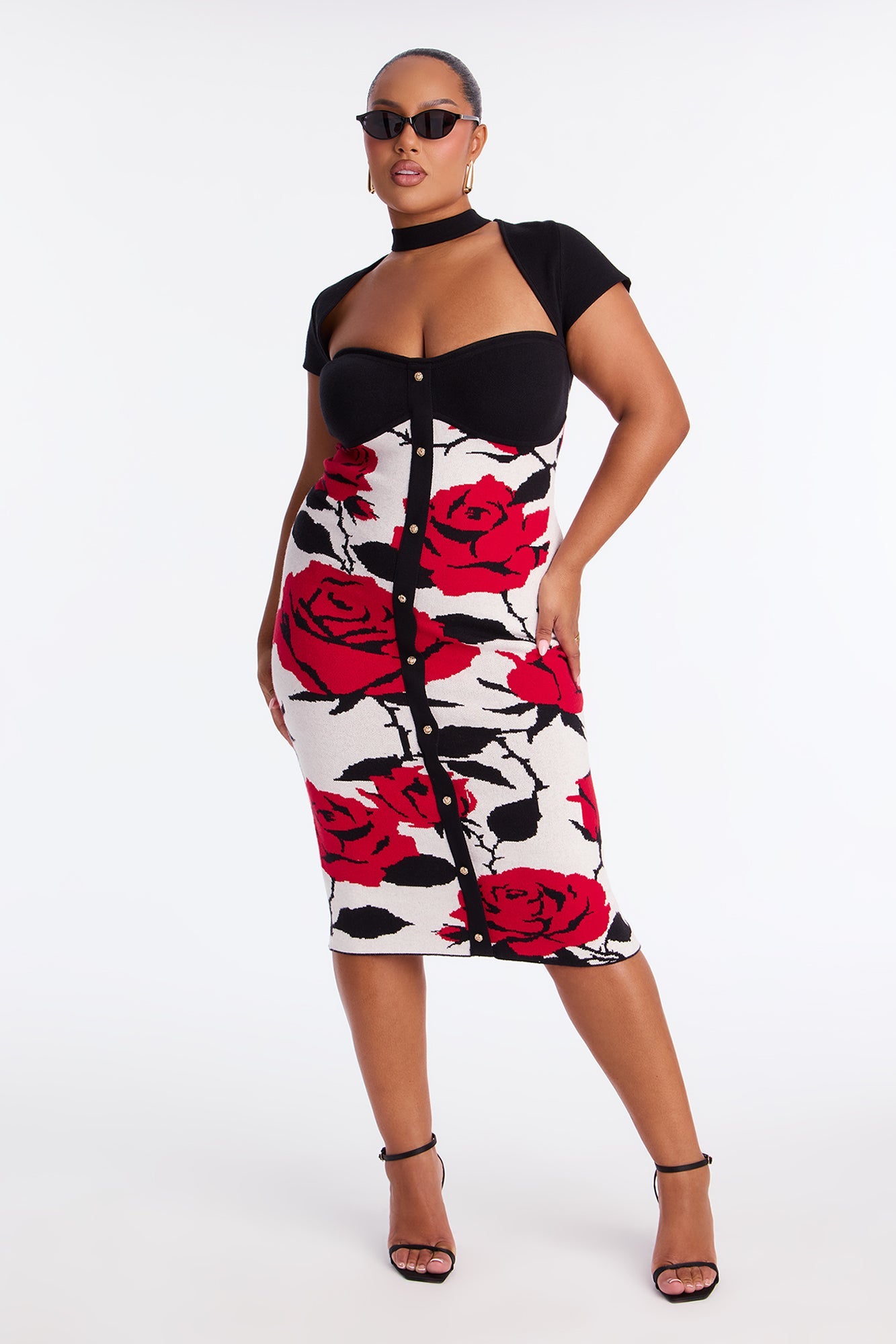 Bronte Floral Sweater Midi Dress - Red/combo