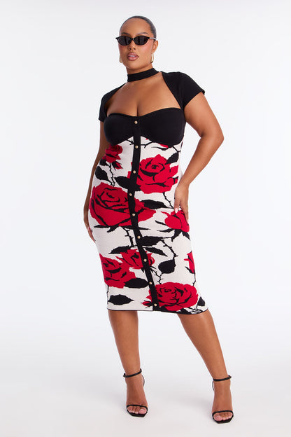 Bronte Floral Sweater Midi Dress - Red/combo