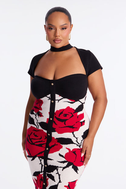 Bronte Floral Sweater Midi Dress - Red/combo