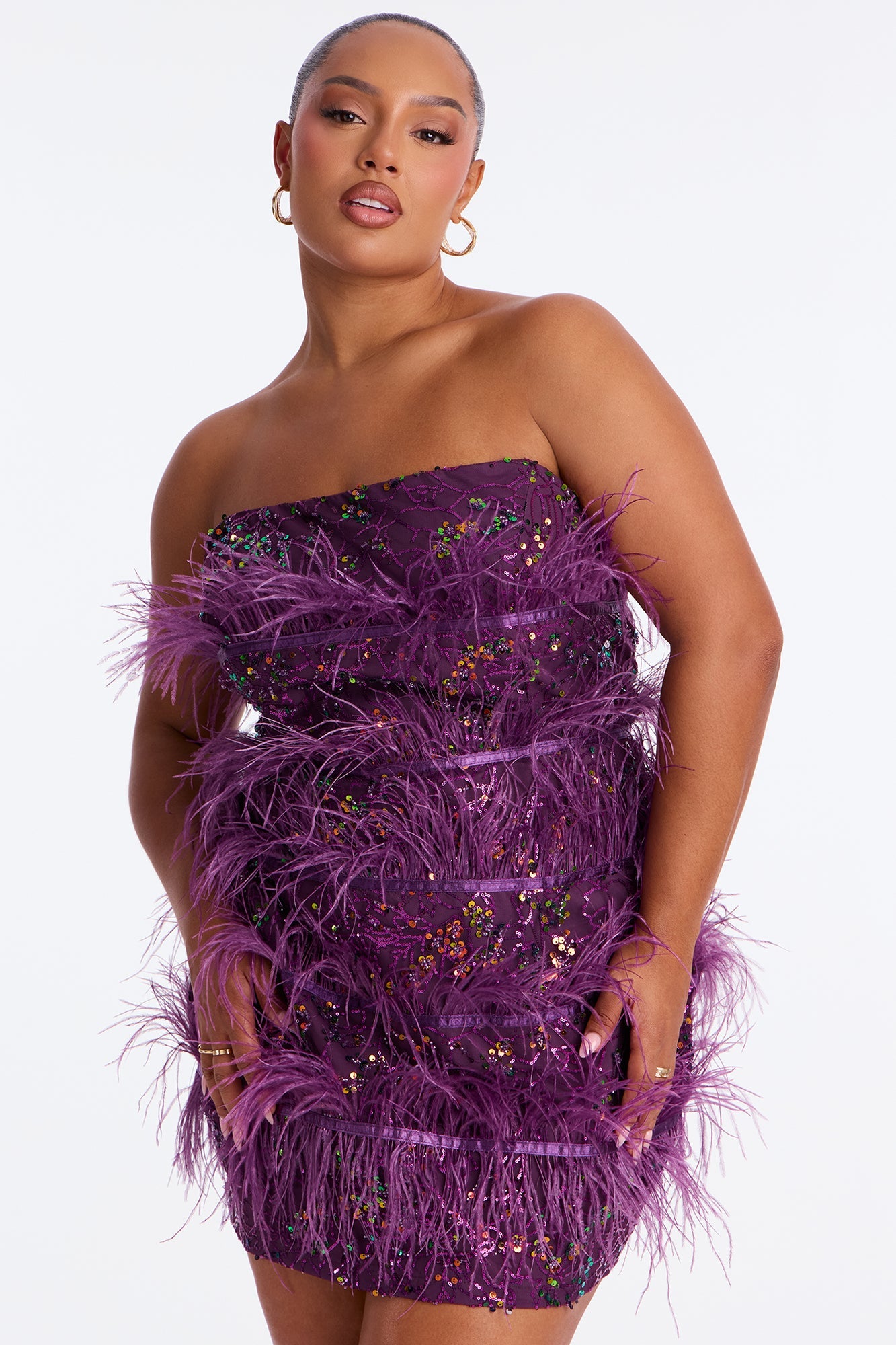 Silvia Feathered Sequin Mini Dress - Purple