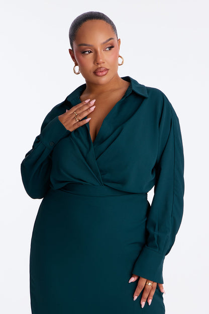 Giada Wrap Shirt Midi Dress - Hunter