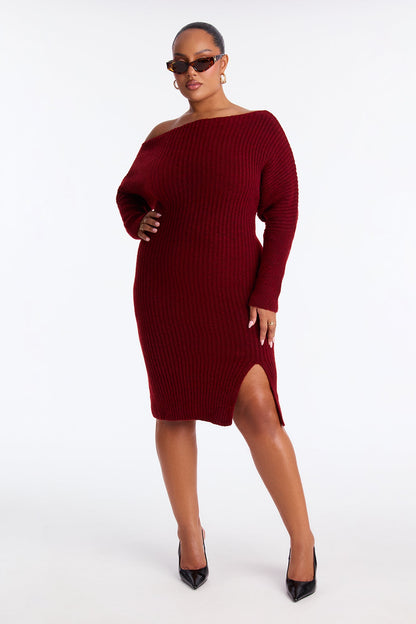 Autumn Leaves One Shoulder Sweater Midi Dress - Burgundy