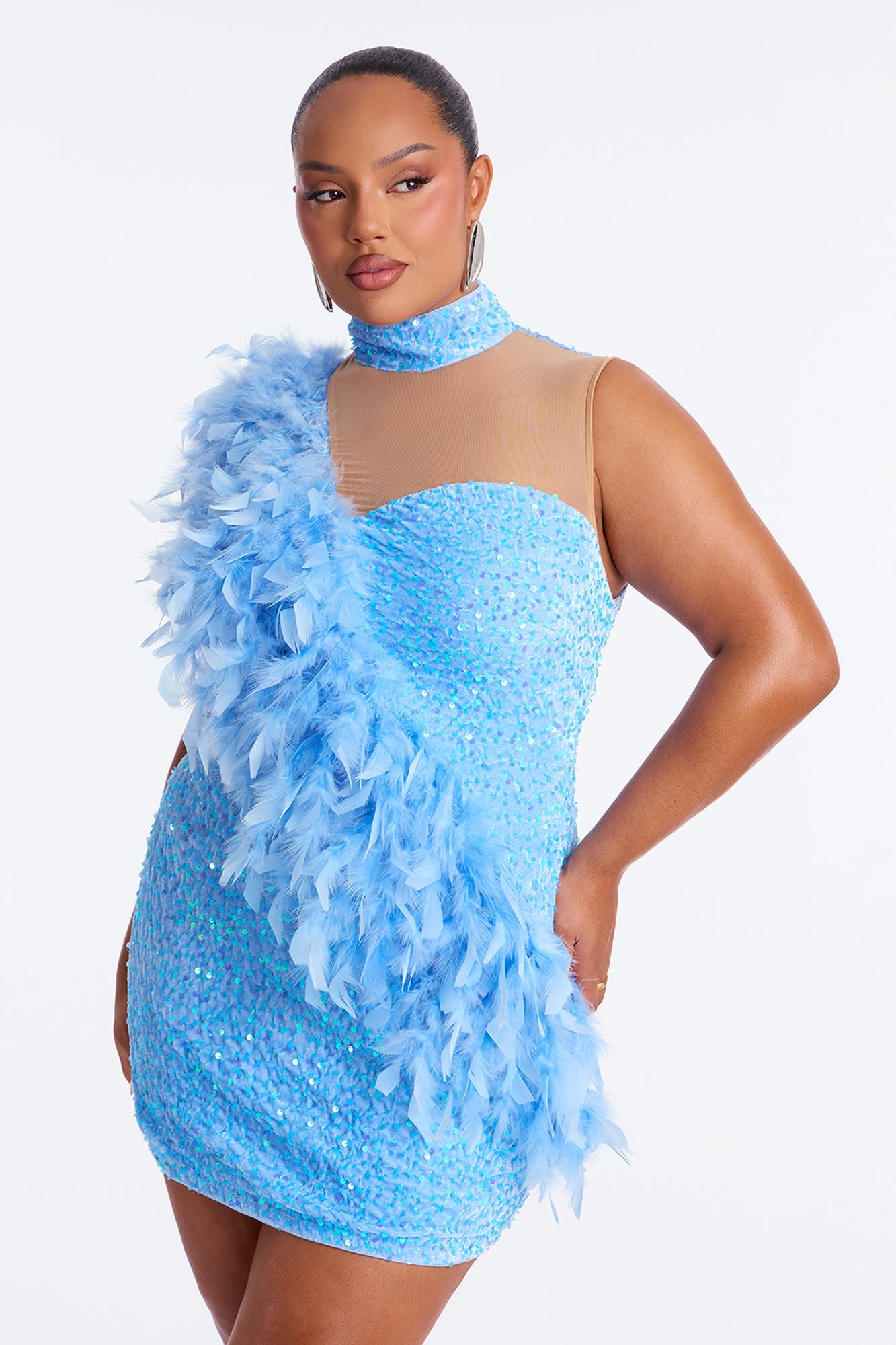 Party Time Feather Sequin Velvet Mini Dress - Blue