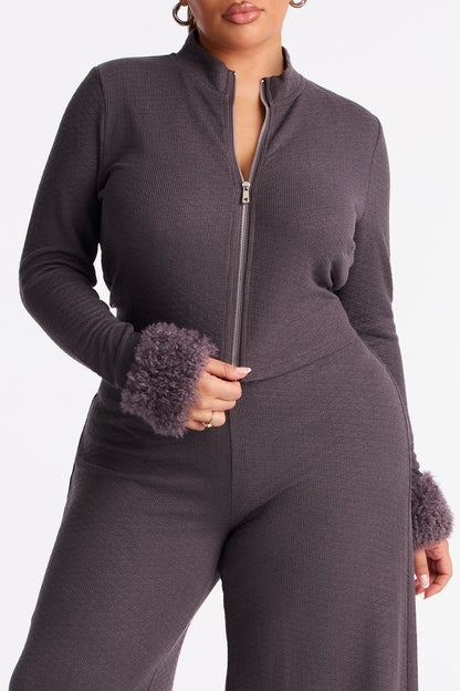 Delilah Faux Fur Trim Pant Set - Charcoal