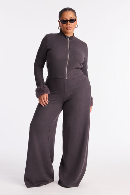 Delilah Faux Fur Trim Pant Set - Charcoal