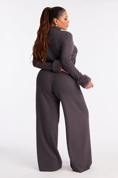Delilah Faux Fur Trim Pant Set - Charcoal