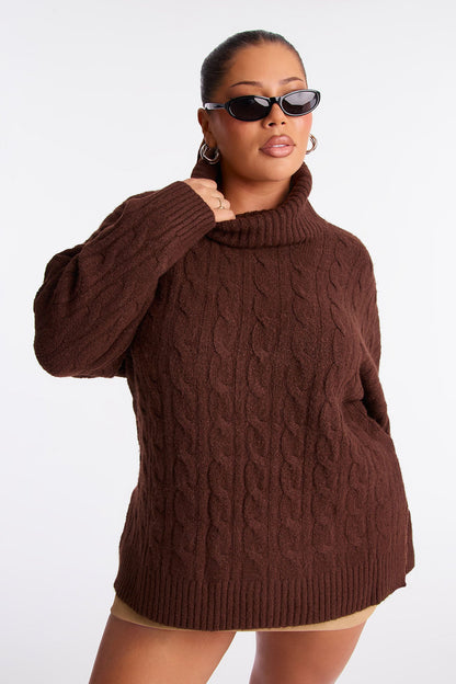 Feeling Chill Cable Knit Turtle Neck Sweater - Brown