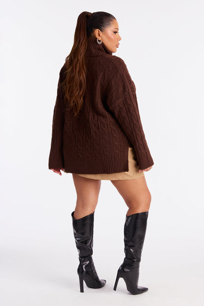 Feeling Chill Cable Knit Turtle Neck Sweater - Brown
