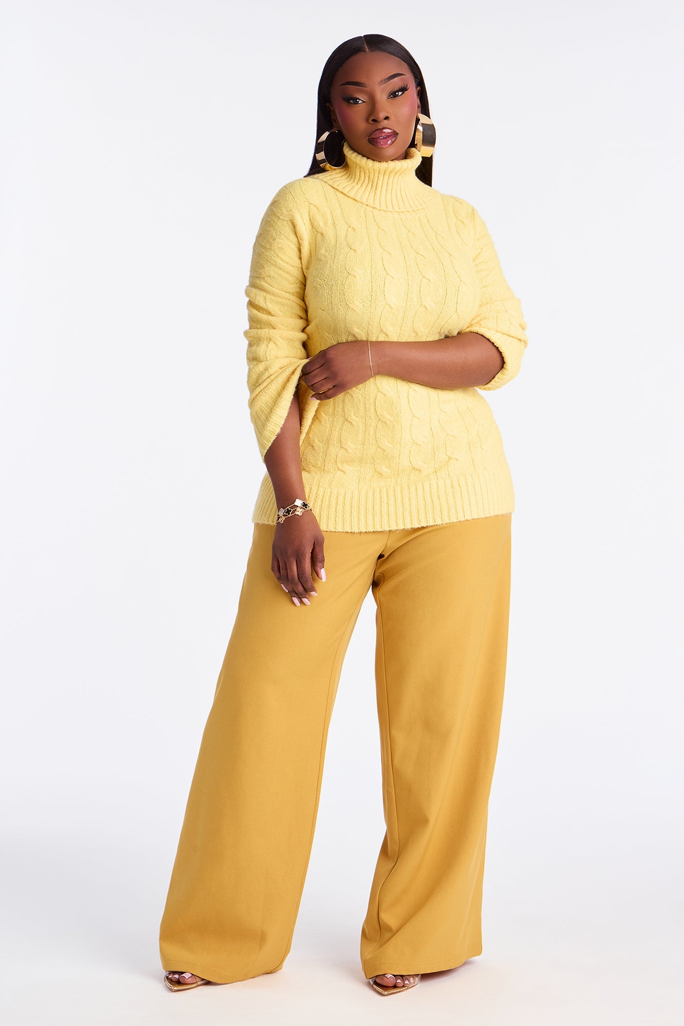 Feeling Chill Cable Knit Turtle Neck Sweater - Butter Yellow