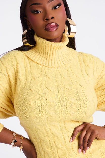 Feeling Chill Cable Knit Turtle Neck Sweater - Butter Yellow
