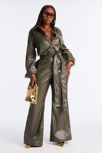 New York City Faux Leather Jumpsuit - Olive