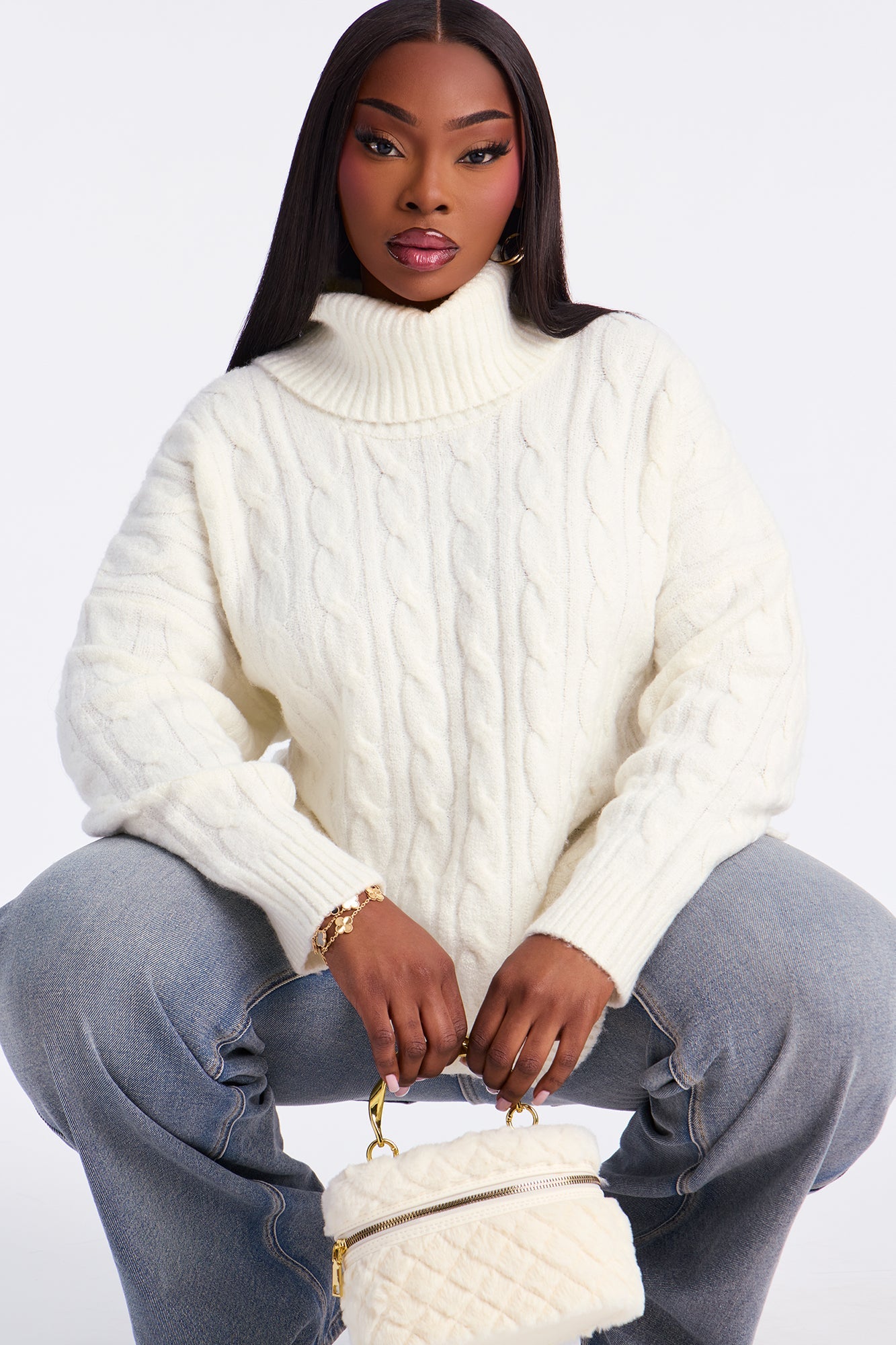 Feeling Chill Cable Knit Turtle Neck Sweater - Ivory
