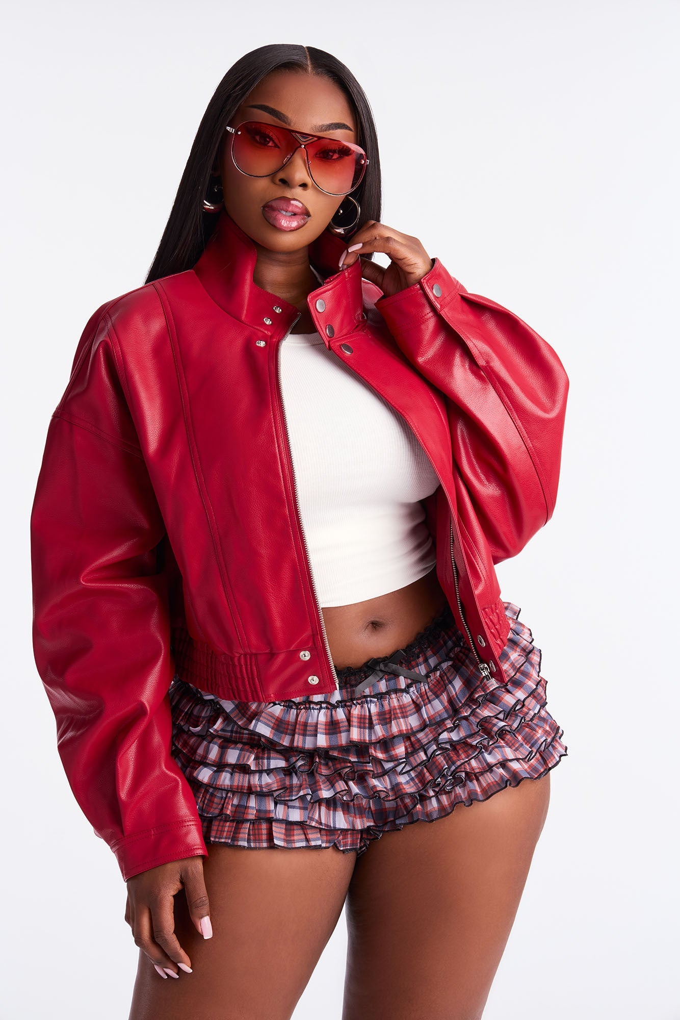 Show Stopper Cropped Faux Leather Bomber Jacket - DarkRed