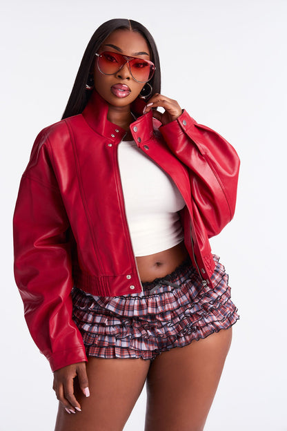 Show Stopper Cropped Faux Leather Bomber Jacket - DarkRed