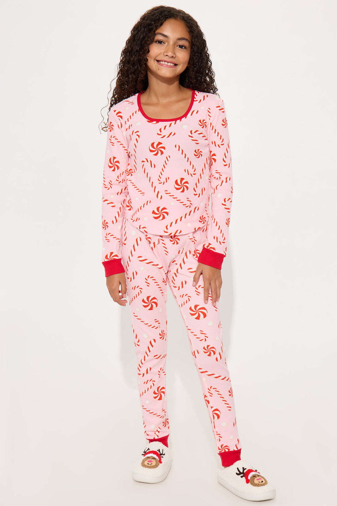 Mini Candy Cane Season Waffle Long Sleeve Pant Set - Pink/combo
