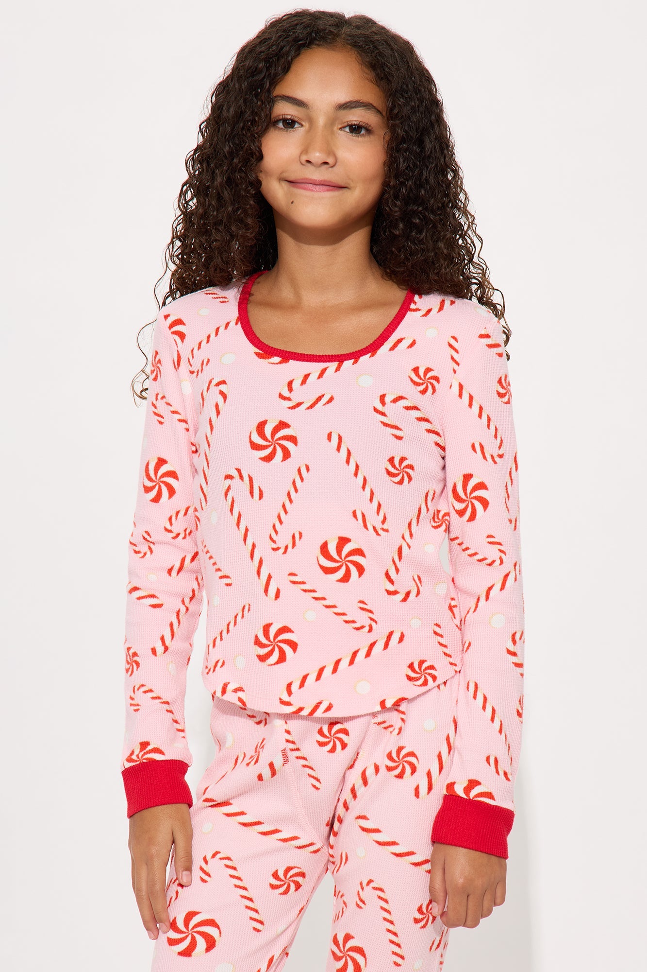 Mini Candy Cane Season Waffle Long Sleeve Pant Set - Pink/combo