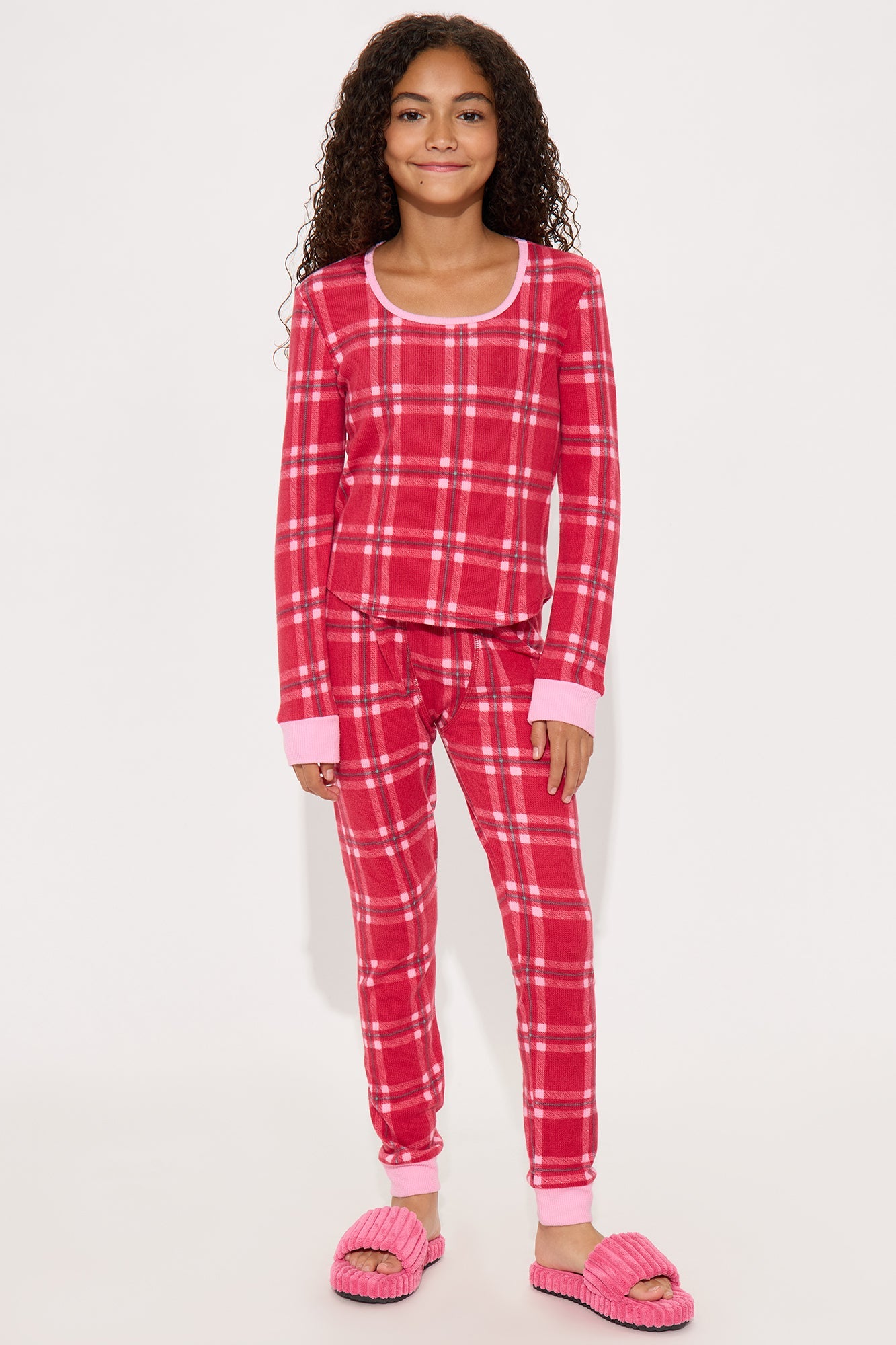 Mini Cozy Cuddles Waffle Long Sleeve Pant Set - Red/combo