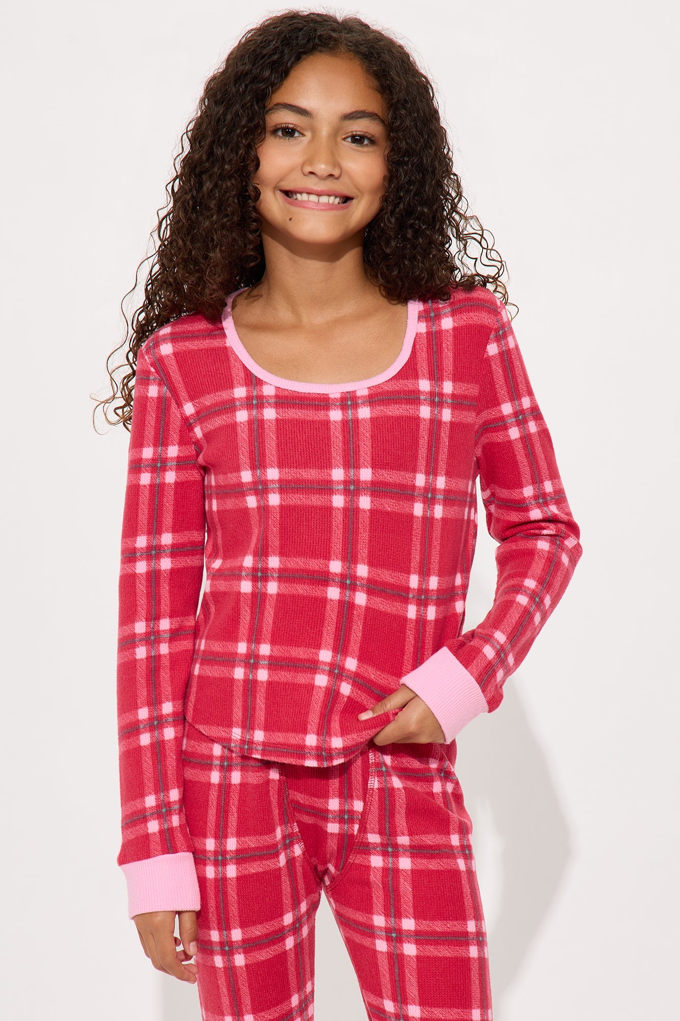 Mini Cozy Cuddles Waffle Long Sleeve Pant Set - Red/combo
