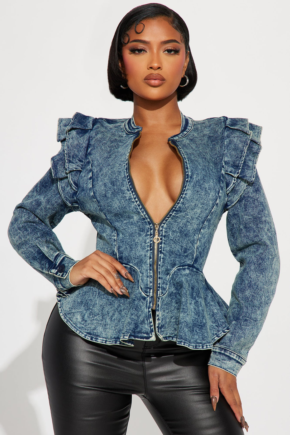 Denim Queen Peplum Jacket - Medium Blue Wash