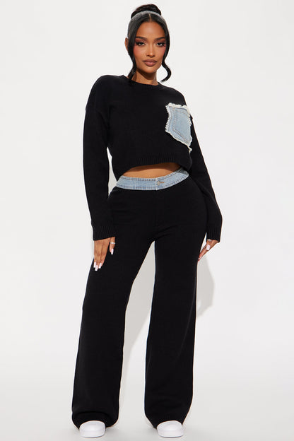 Melanie Mixed Sweater Pant Set - Black