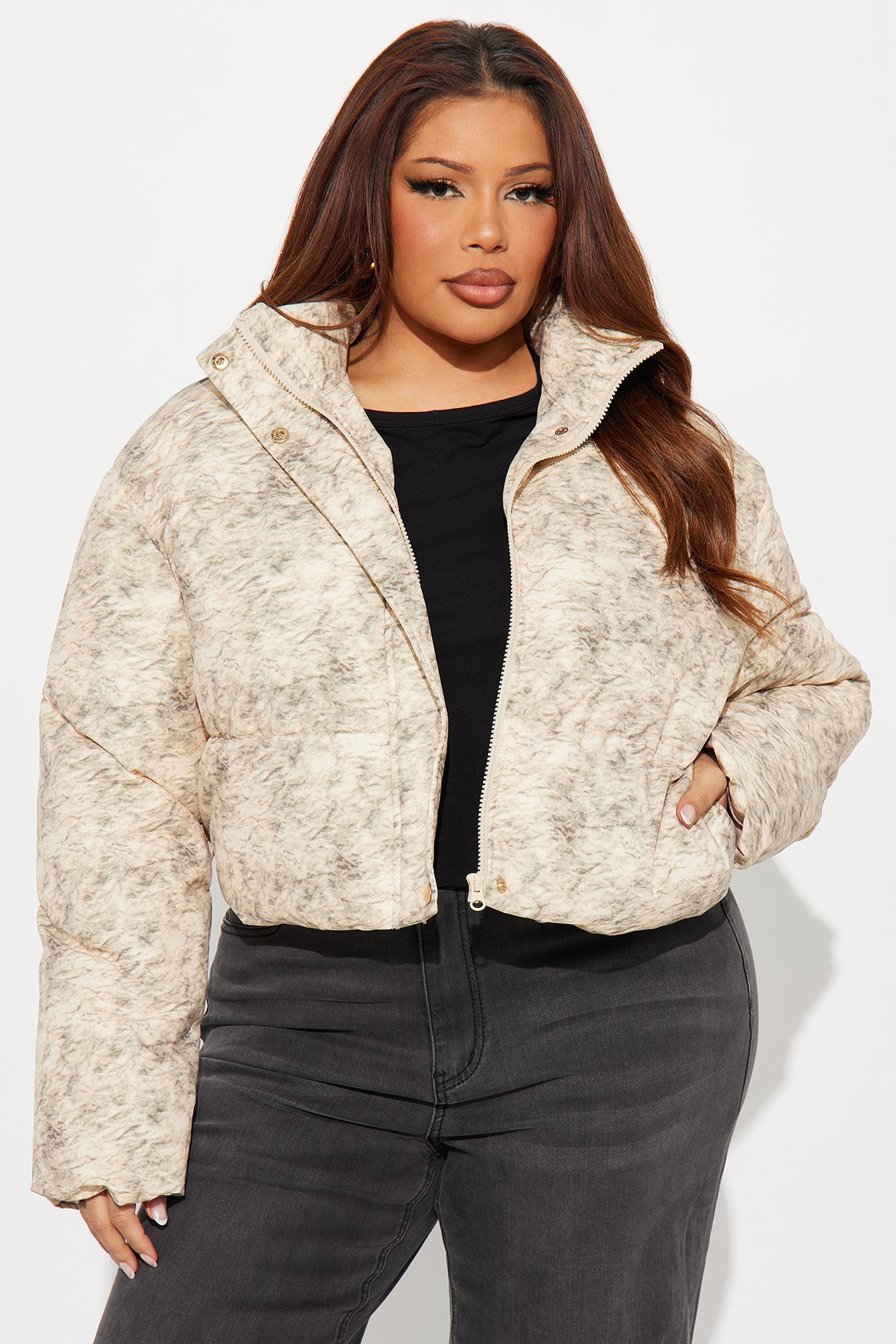 Stepping Out Washed Puffer Jacket - Beige/Brown