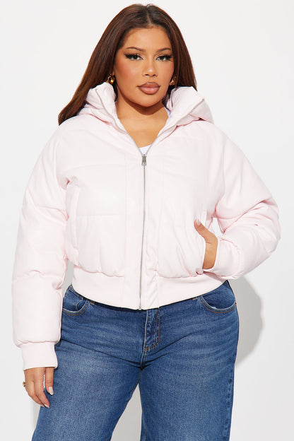 Angella Hooded Faux Leather Puffer - Pink