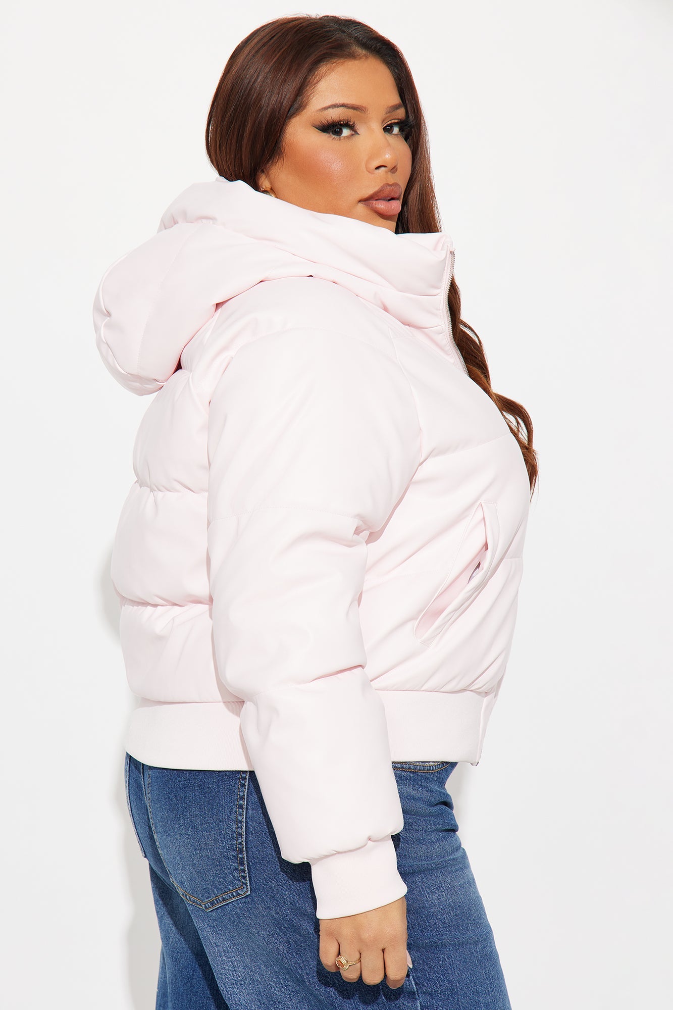 Angella Hooded Faux Leather Puffer - Pink