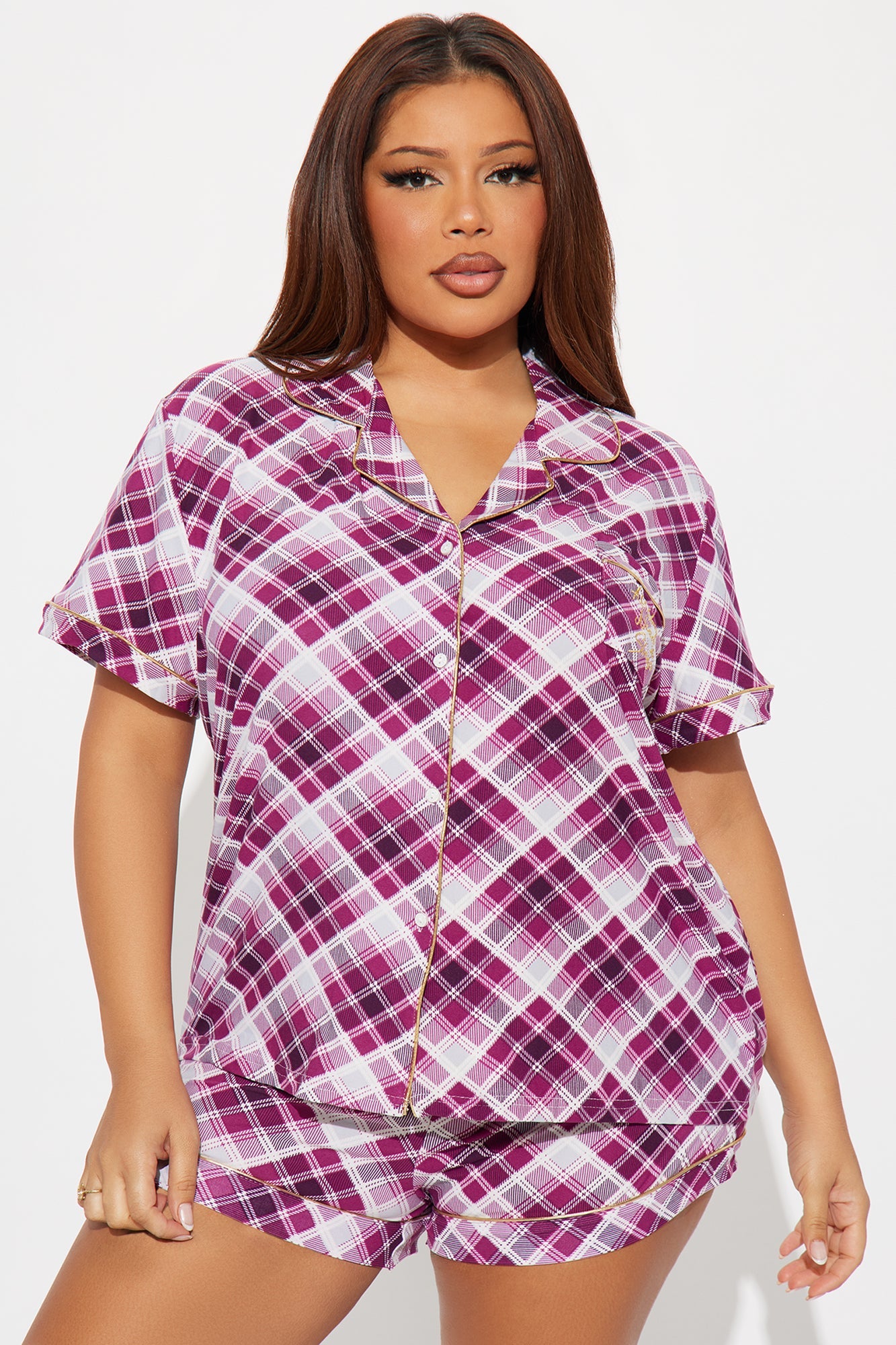 Only Need Sleep Embroidered Glitter Short Sleeve PJ Short Set - Burgundy
