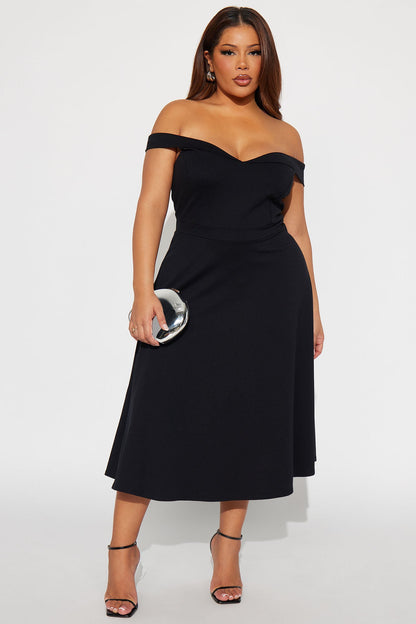 Poppy Body Sculpt Ponte Off Shoulder Midi Dress - Black