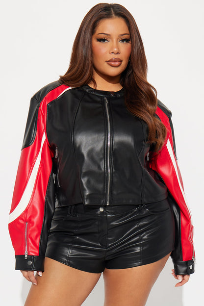 So Fly Cropped Faux Leather Moto Jacket - Red/combo