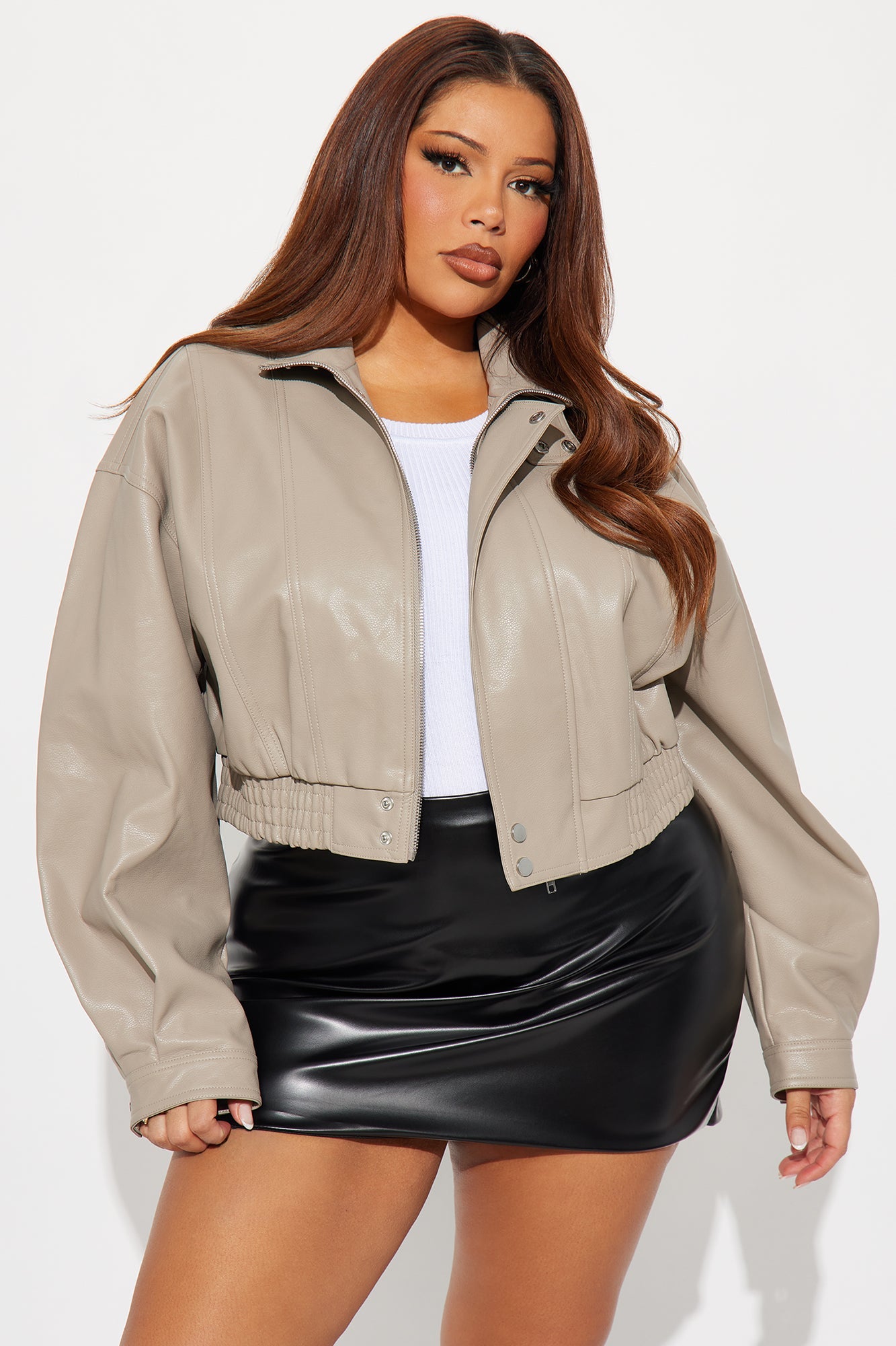 Show Stopper Cropped Faux Leather Bomber Jacket - Taupe
