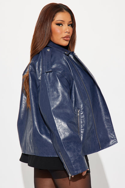 Higher Frequency Faux Leather Moto Jacket - Midnight Blue